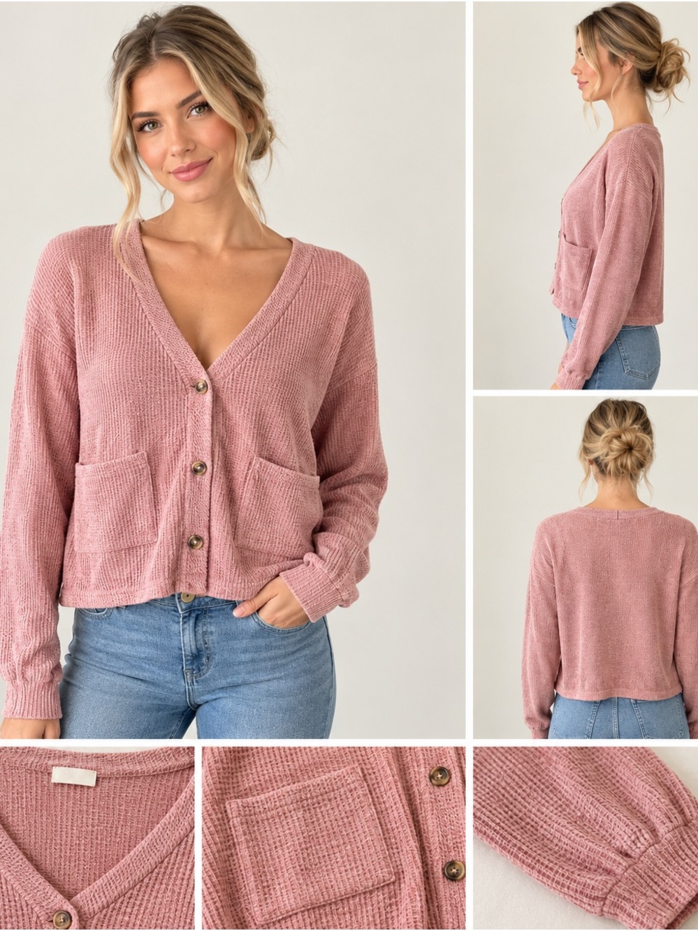 Rose Pink Button-Front V-Neck Knit Cardigan